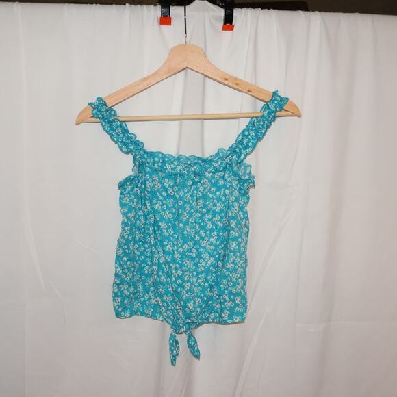 SO Cropped Top Light Blue Floral Size Tie Front otton Soft Ruffle Sleeves - Picture 4 of 11